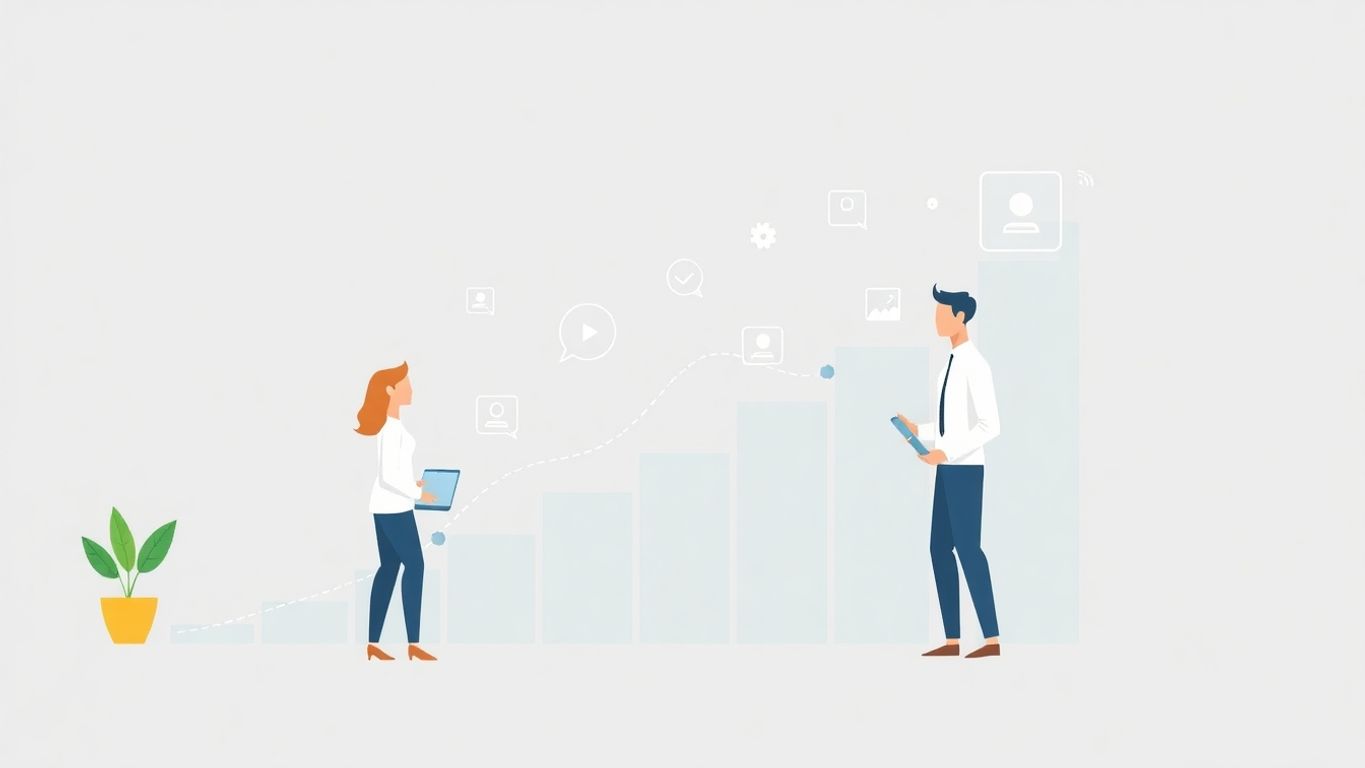 Illustrasjon av digital forretningsutvikling med moderne elementer.