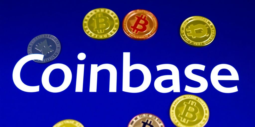 Coinbase logo with cryptocurrency coins.