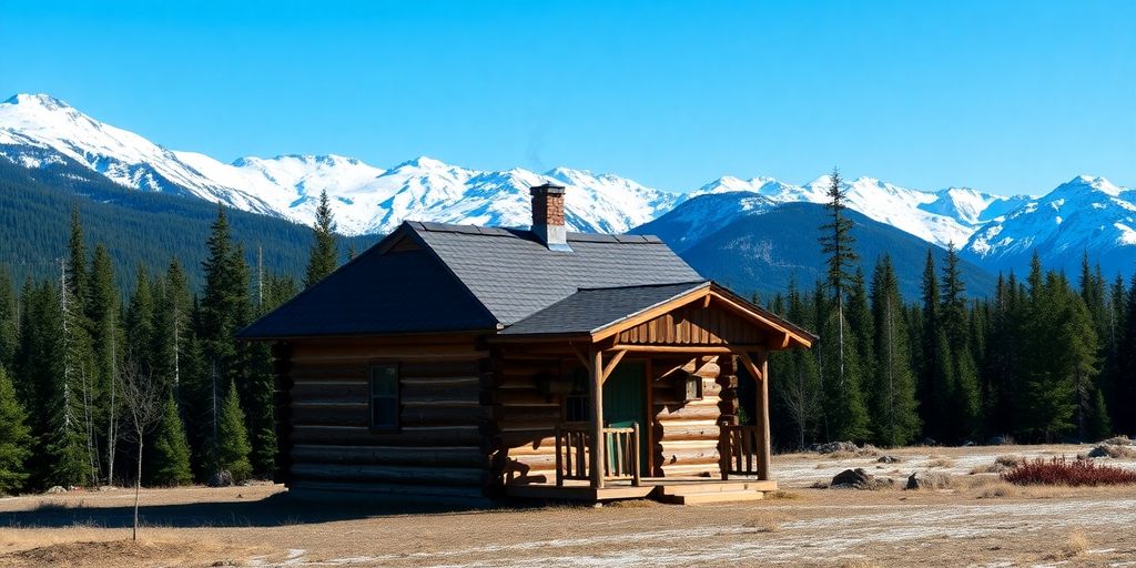 A rustic cabin in the remote Alaskan wilderness near mountains.