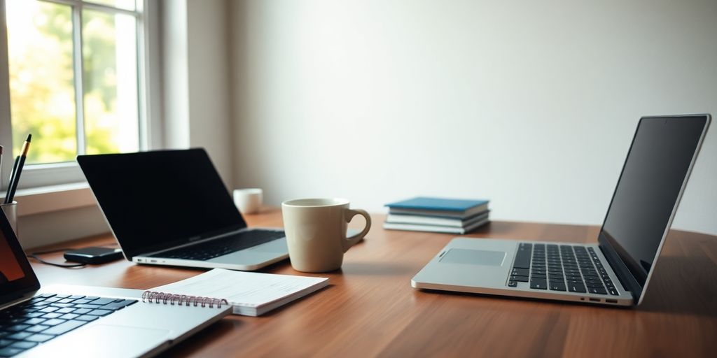 A workspace with a laptop and notepad on a desk.
