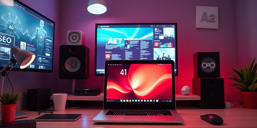 Modern workspace with a laptop and digital content themes.