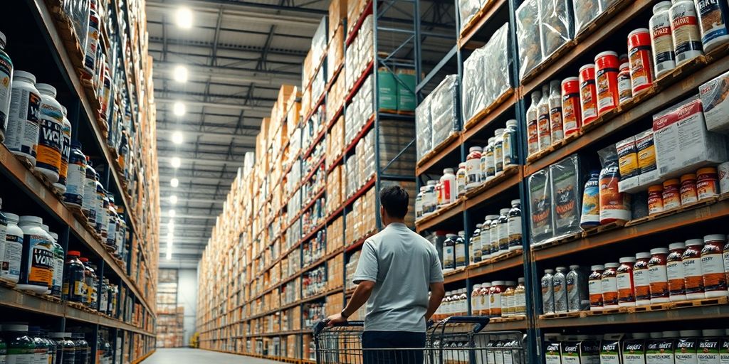 Frascos de suplementos variados, dispostos em prateleira de armazém.