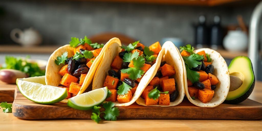 Three sweet potato and black bean tacos topped with cilantro.