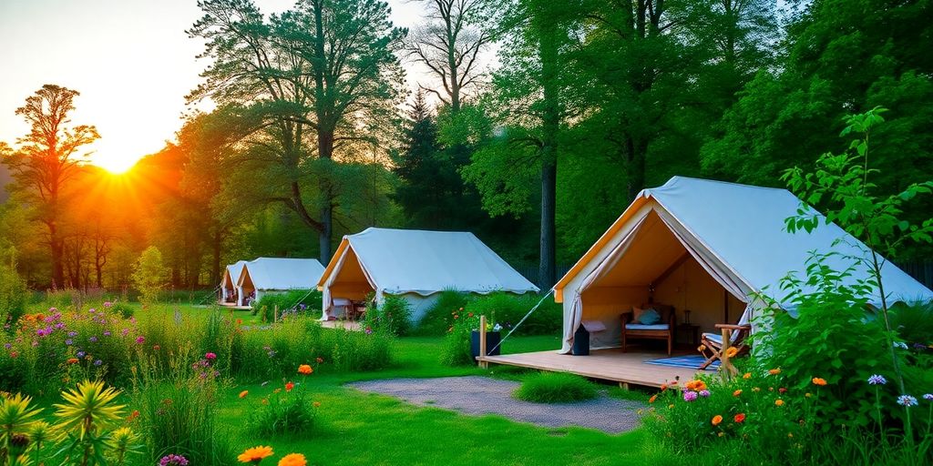 Cozy glamping tents in a lush West Sussex campsite.