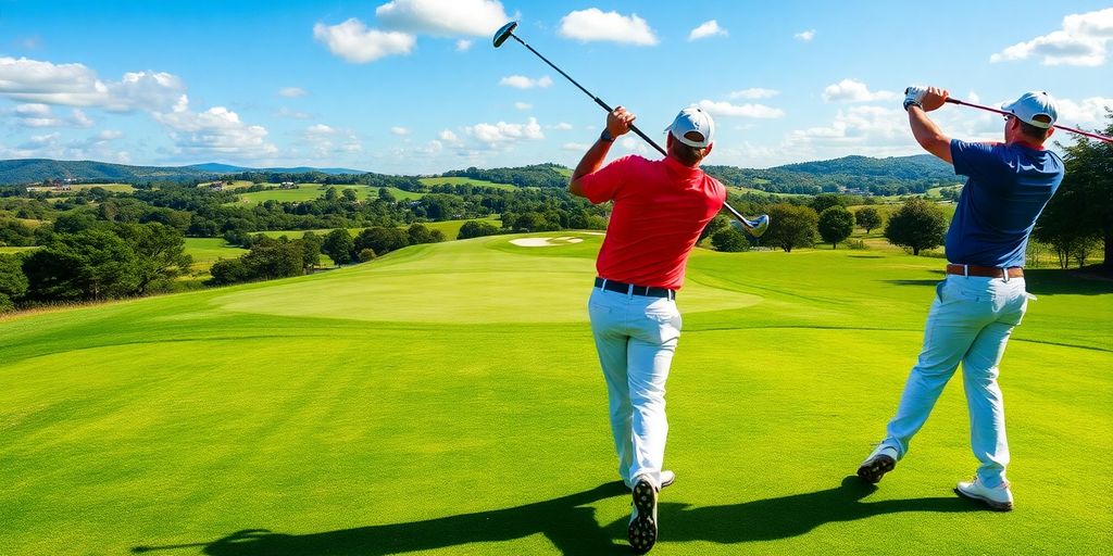 Professional golfers in action on a lush golf course.