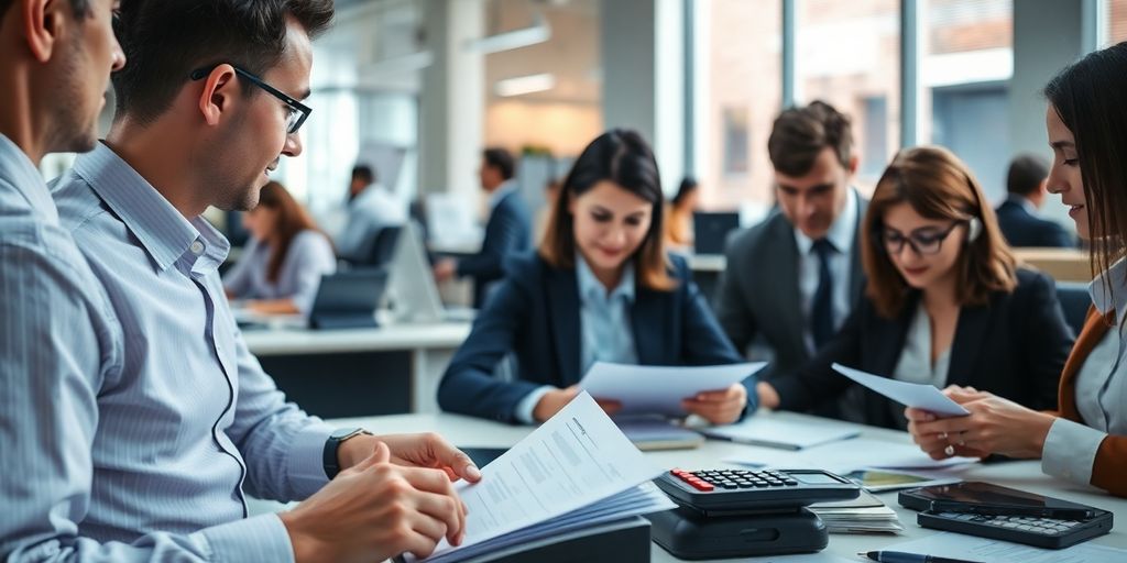 Business professionals working with financial documents and calculators.