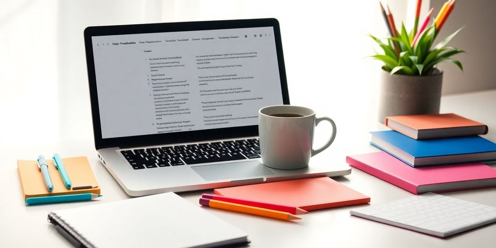 Bright workspace with laptop and stationery for proofreading.