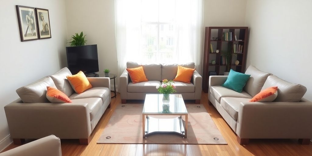 غرفة معيشة نظيفة مع أثاث مرتب وزهور جميلة