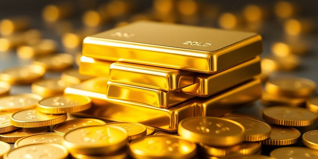 Lingots d'or et pièces dorées, éclat brillant.