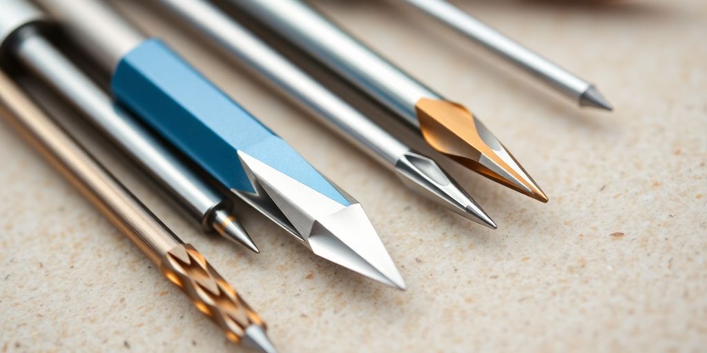 Close-up of various nail drill bits on display.