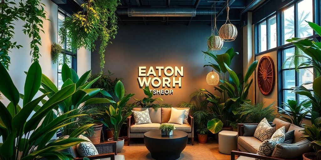 Cozy wellness space with plants and soft lighting.