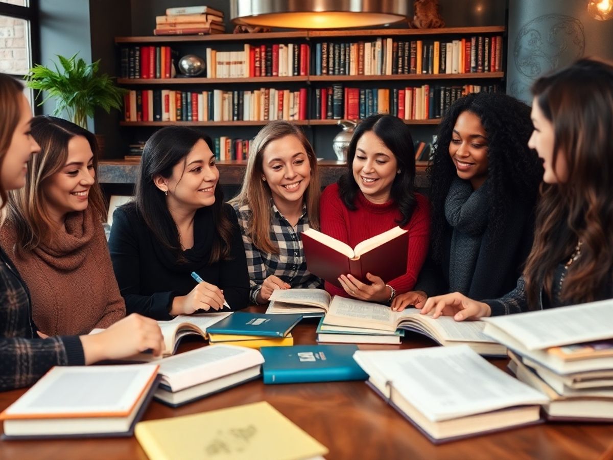 Group of book reviewers in a cozy café.