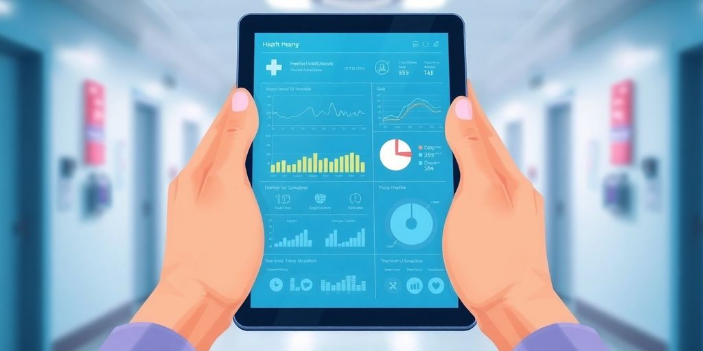 Operations analyst reviewing healthcare data on a tablet.