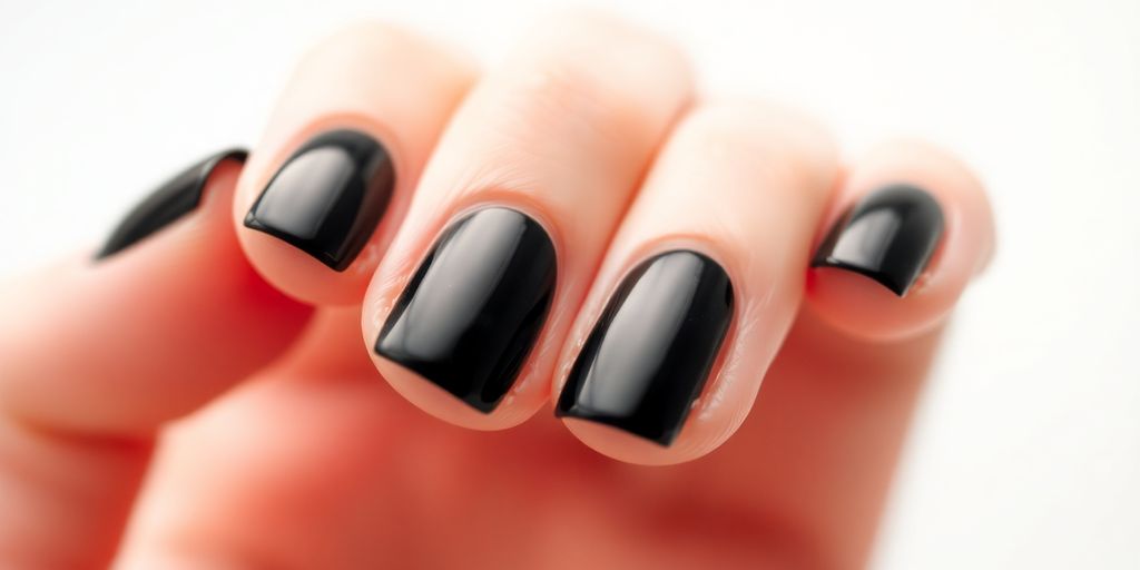 Unhas pretas brilhantes sobre fundo desfocado.