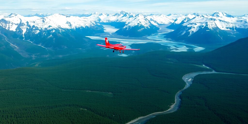 An aerial photograph of a small plane over Alaskan mountains.