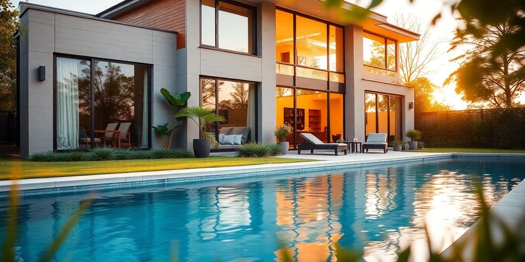 Casa moderna con jardín y piscina iluminados