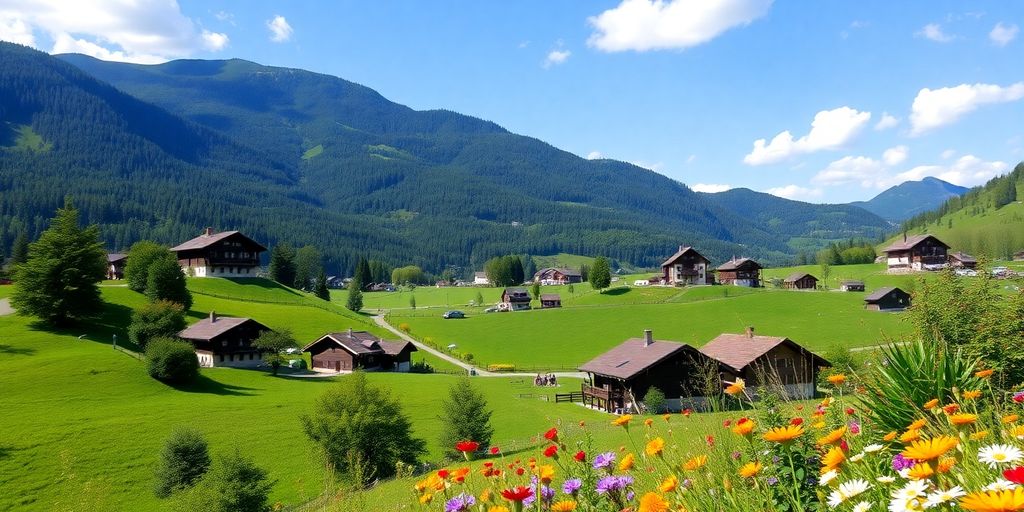Bayerische Landschaft mit Hügeln und traditionellen Chalets.