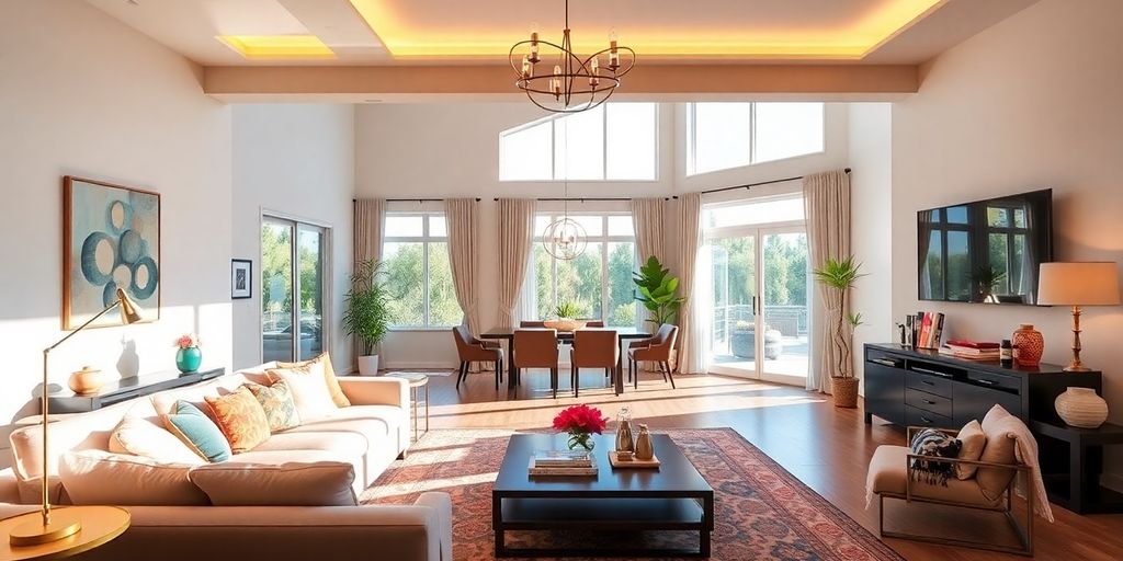 Modern renovated living room with stylish furniture and decor.