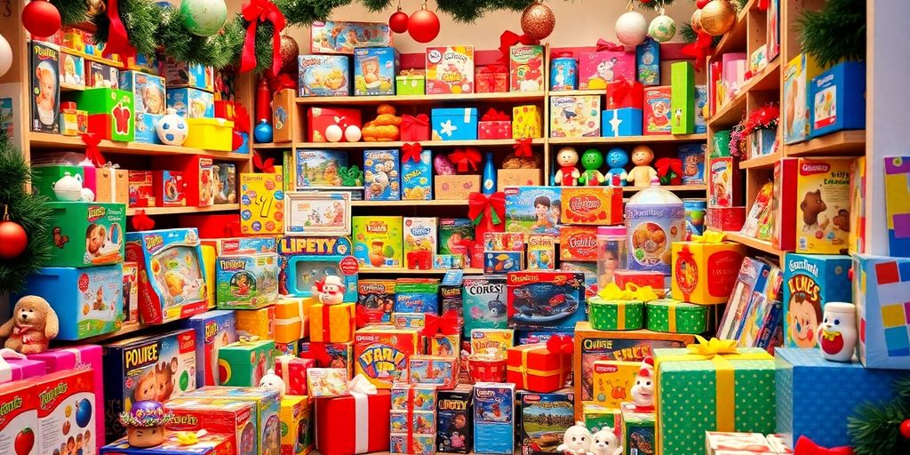 Colorful gifts and toys for kids and teens at Christmas.
