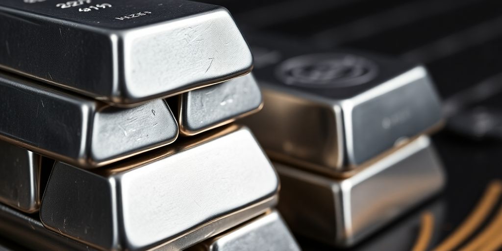 Barres d'argent empilées sur un fond flou.