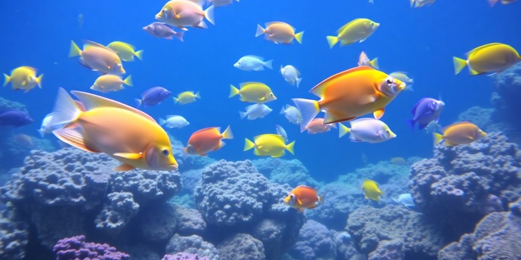Makukulay na isdang saltwater na lumalangoy sa isang coral reef.
