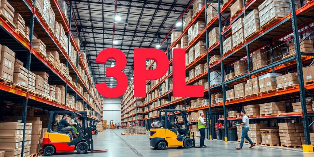 Modern warehouse with shelves, forklifts, and workers.