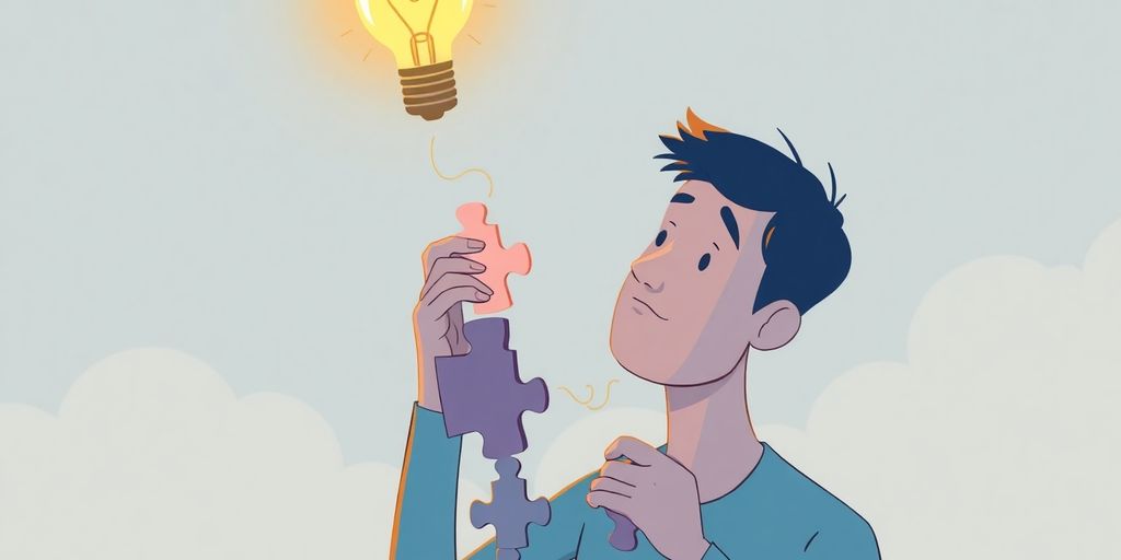 Person solving a puzzle, lightbulb glowing.