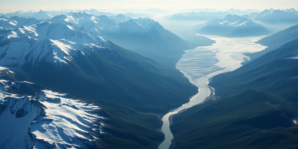 A helicopter flies over vast Alaskan mountains and glaciers.