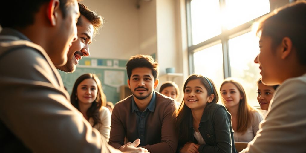 Caio Calderaro em sala de aula com alunos
