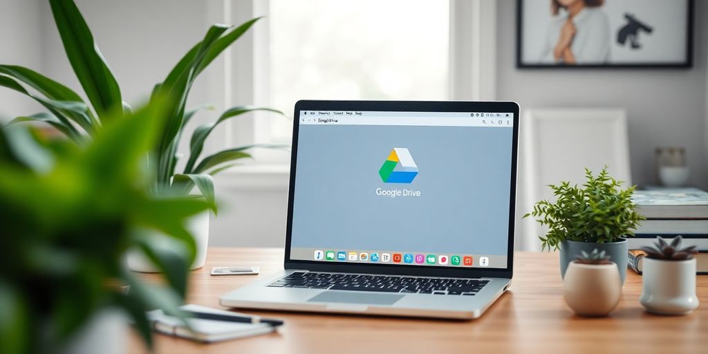 Workspace with laptop open to Google Drive.
