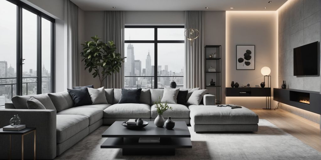 Monochromatic modern living room with sleek furniture