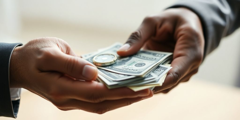 Mains échangeant de l'argent et un objet