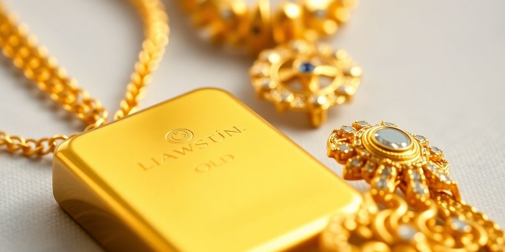 Barre d'or et bijoux sur fond flou.