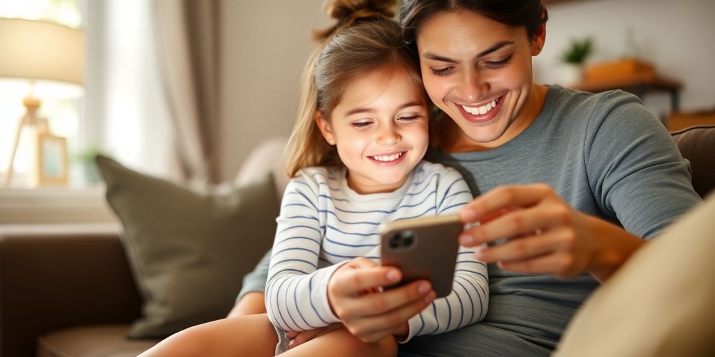 Pai e filho usando smartphone juntos de forma equilibrada.