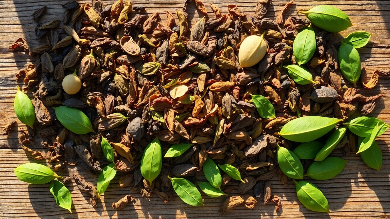 Assortment of fresh and dried tea leaves on wood.
