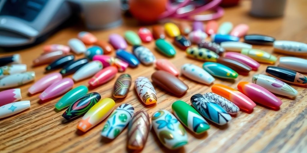 Unhas decoradas em várias cores e padrões.