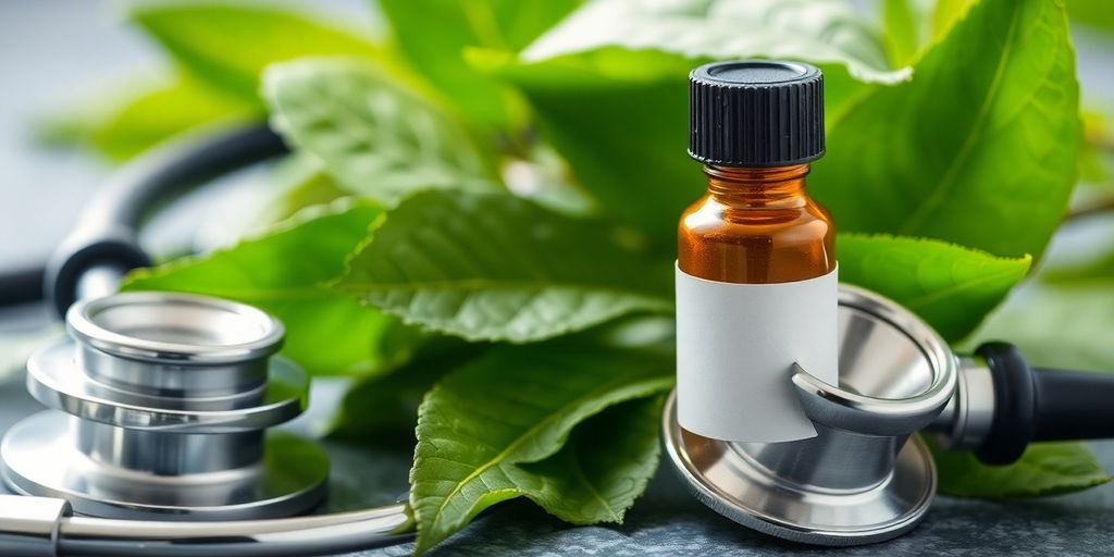 Ilustração de medicamento com folhas verdes e estetoscópio.