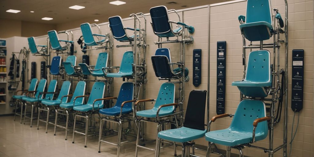 Various shower chairs displayed in a store, showcasing different models and features for rent in Rio de Janeiro.