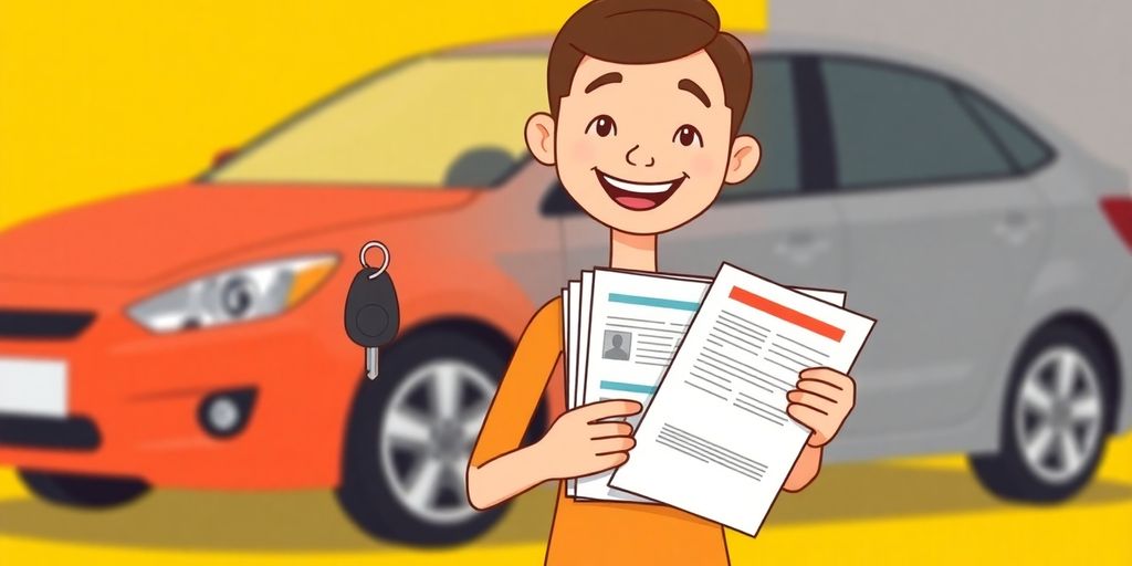 Car, loan documents, smiling person.