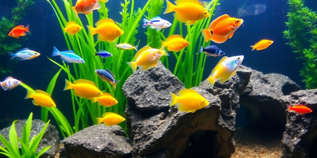 Makukulay na tropikal na freshwater fish sa isang luntiang aquarium.