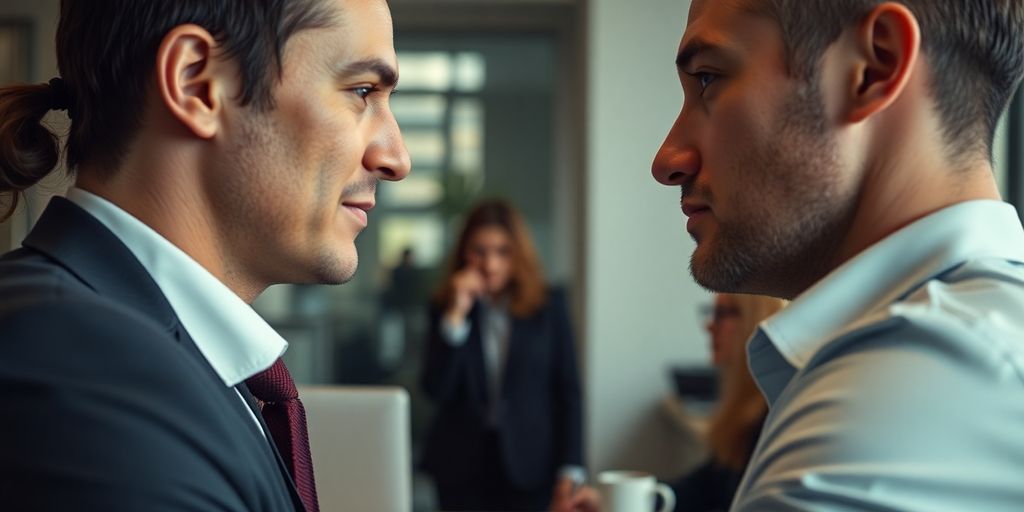 Two colleagues sharing a charged glance across a modern office.