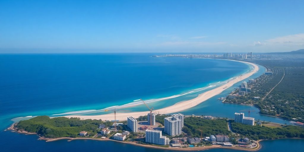 Aerial view of Phuket coastline with buildings and vacant land