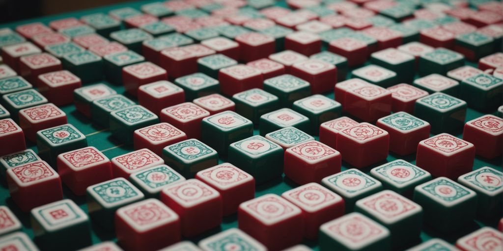 Close-up of large Mahjong tiles with detailed designs.