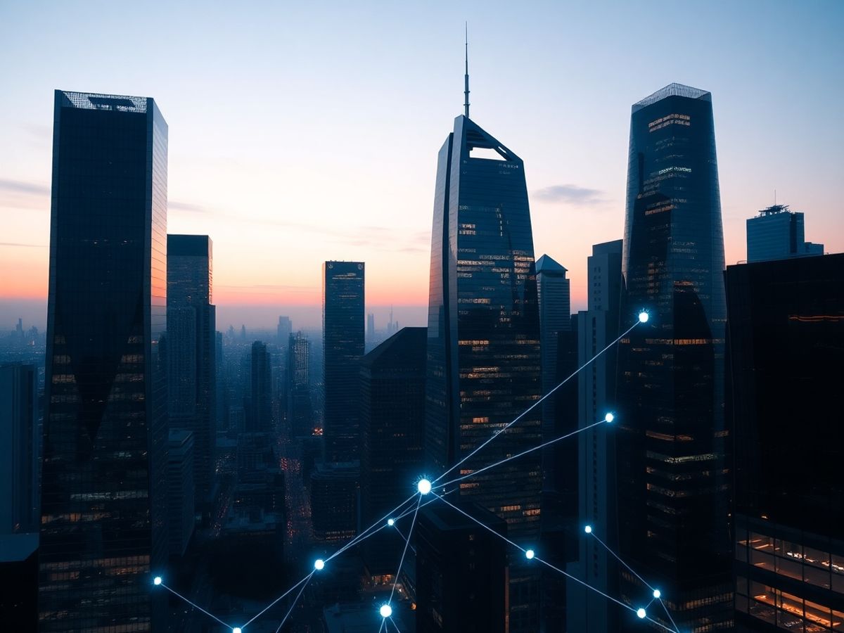 Futuristic skyline, digital financial network