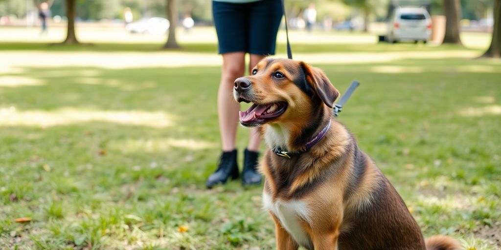 Well-behaved dog sits attentively beside its owner.