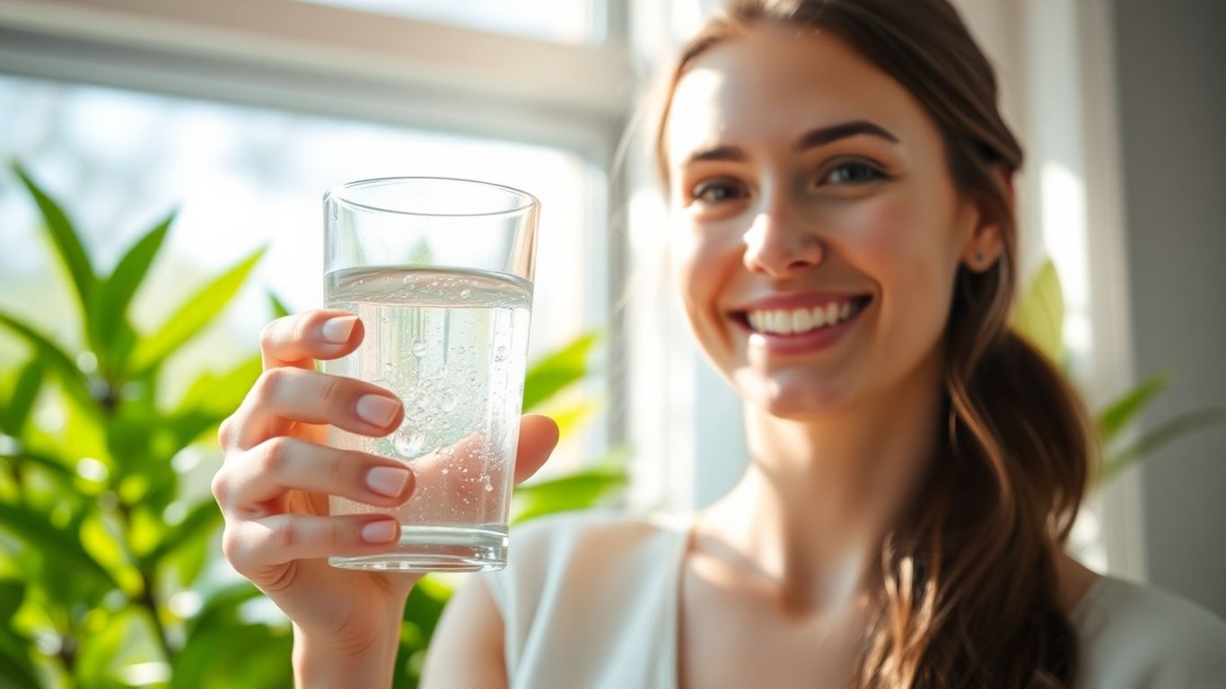 Woman drinking water with plants in background
