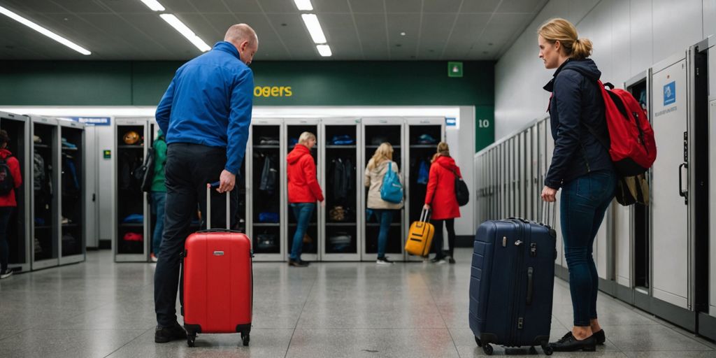 Traveler storing luggage in Dublin Airport locker
