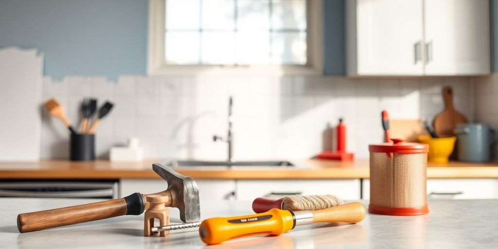 Tools and a partially painted kitchen wall.