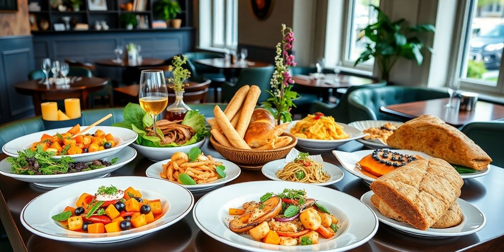 Köstliche dänische Speisen auf eleganten Tellern arrangiert.