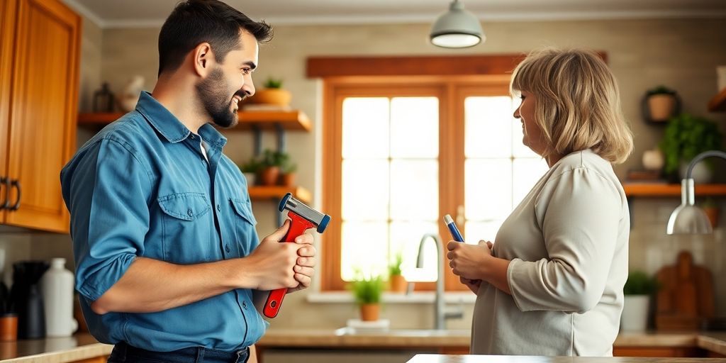 Local plumber engaging with a homeowner in a kitchen.